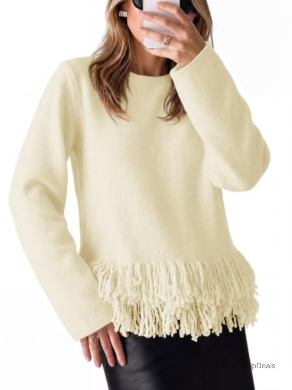 Fringe Sweater Crew Neck Boho Pullover Long Sleeve Knit Top